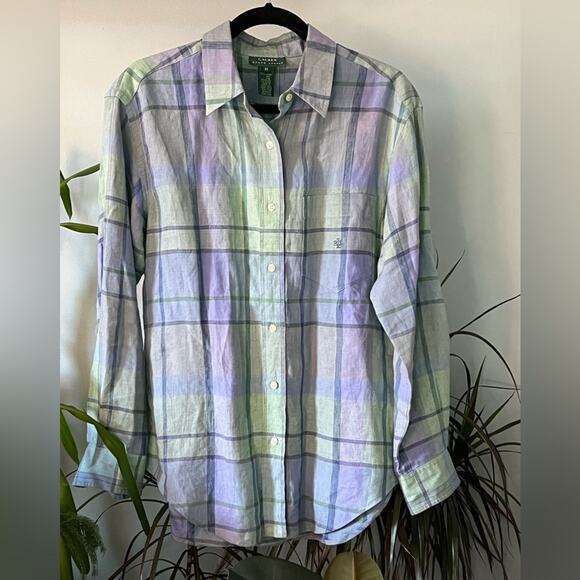 Vintage Ralph Lauren plaid linen button down shirt purple blue Size Medium - Picture 2 of 4